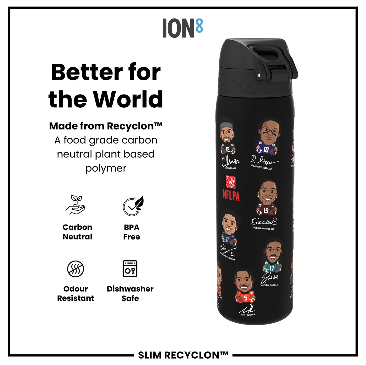 Leak Proof NFLPA Water Bottle, Recyclon, Wide Receivers, 18oz