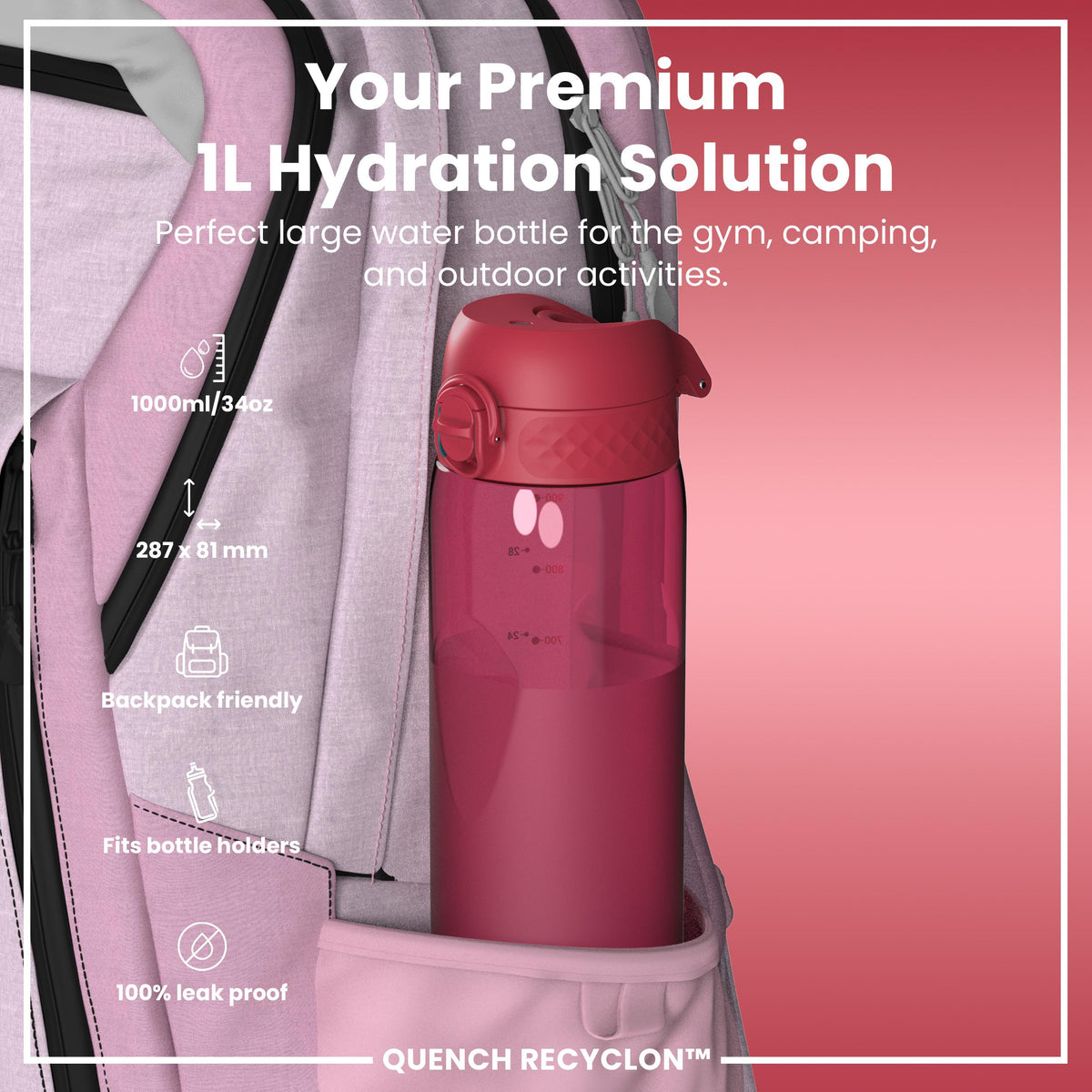 Leak Proof Water Bottle, Recyclon, Half-Cut, Magenta, 34oz