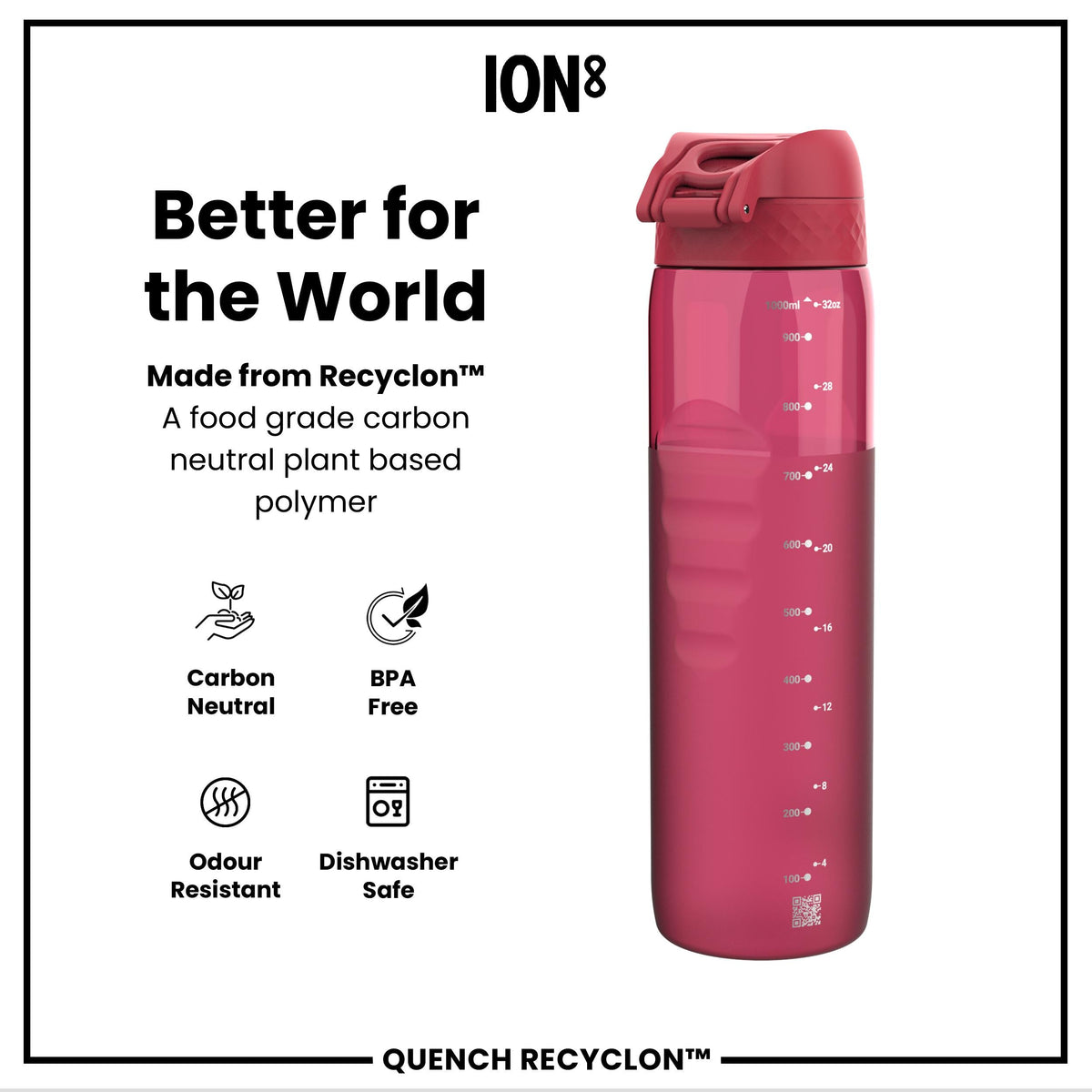 Leak Proof Water Bottle, Recyclon, Half-Cut, Magenta, 34oz