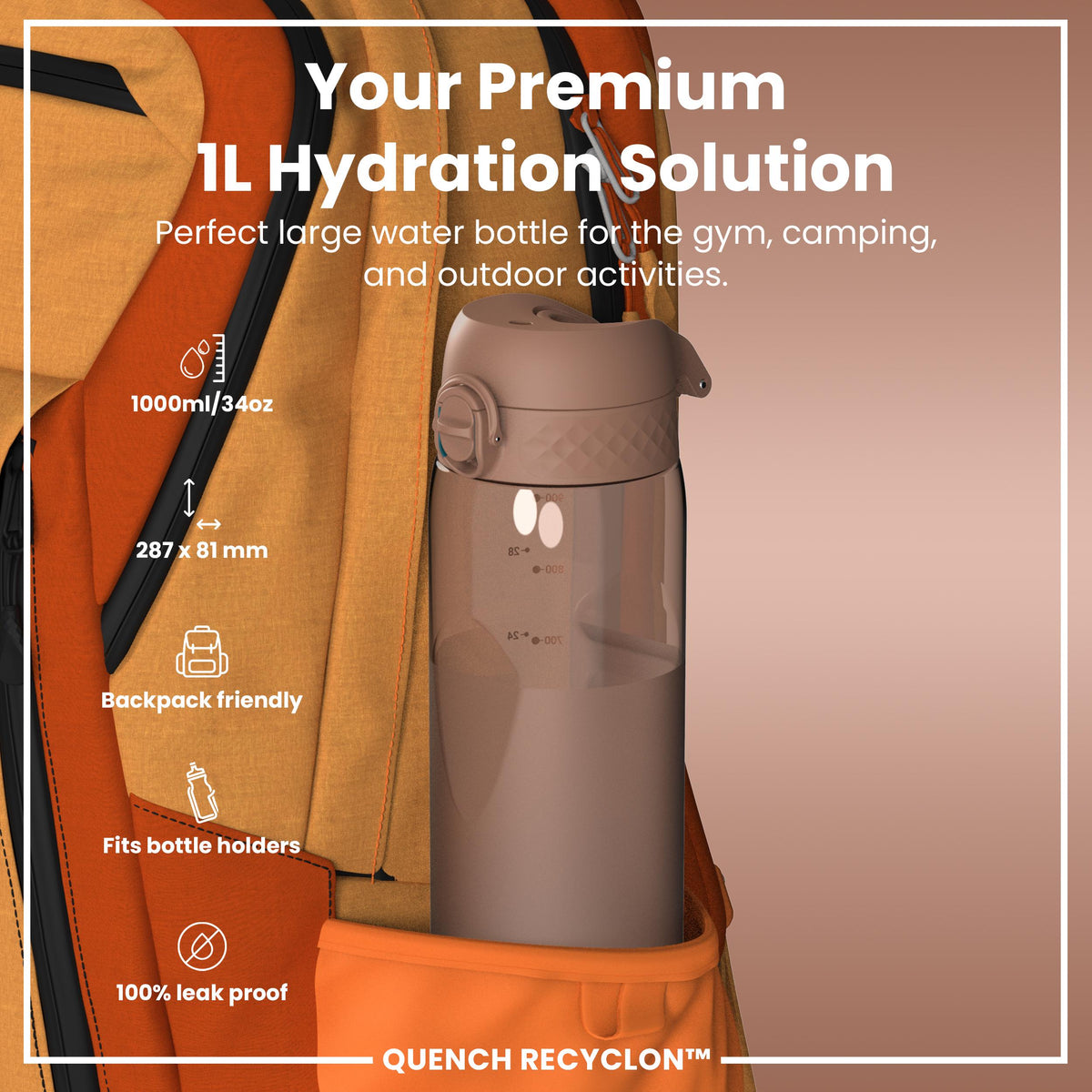Leak Proof Water Bottle, Recyclon, Half-Cut, Mocha, 34oz