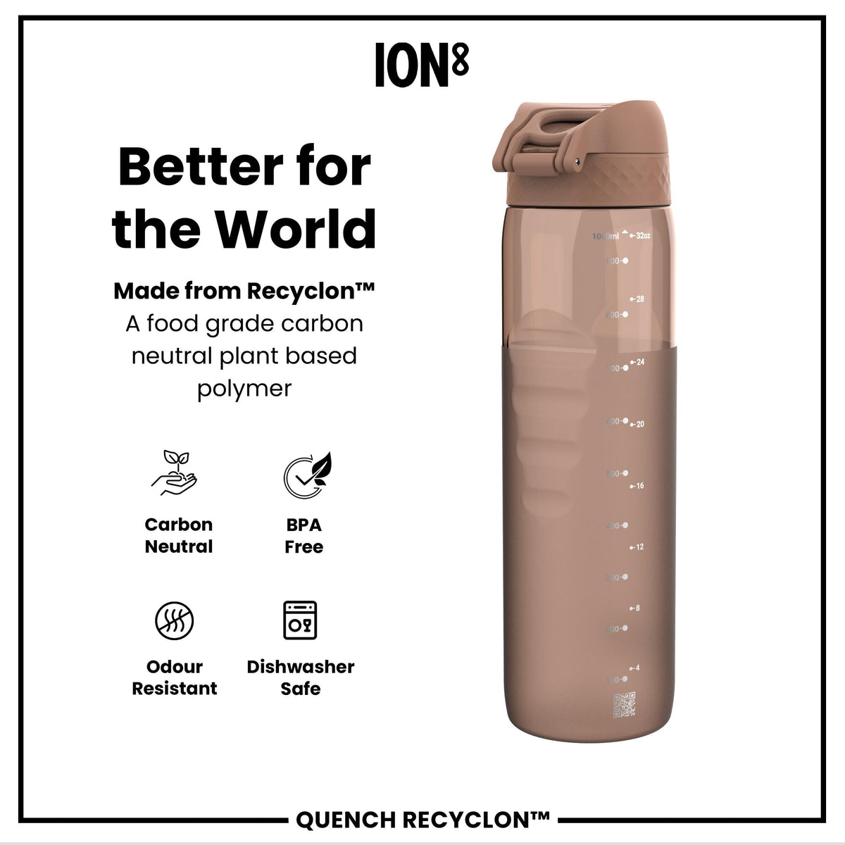 Leak Proof Water Bottle, Recyclon, Half-Cut, Mocha, 34oz
