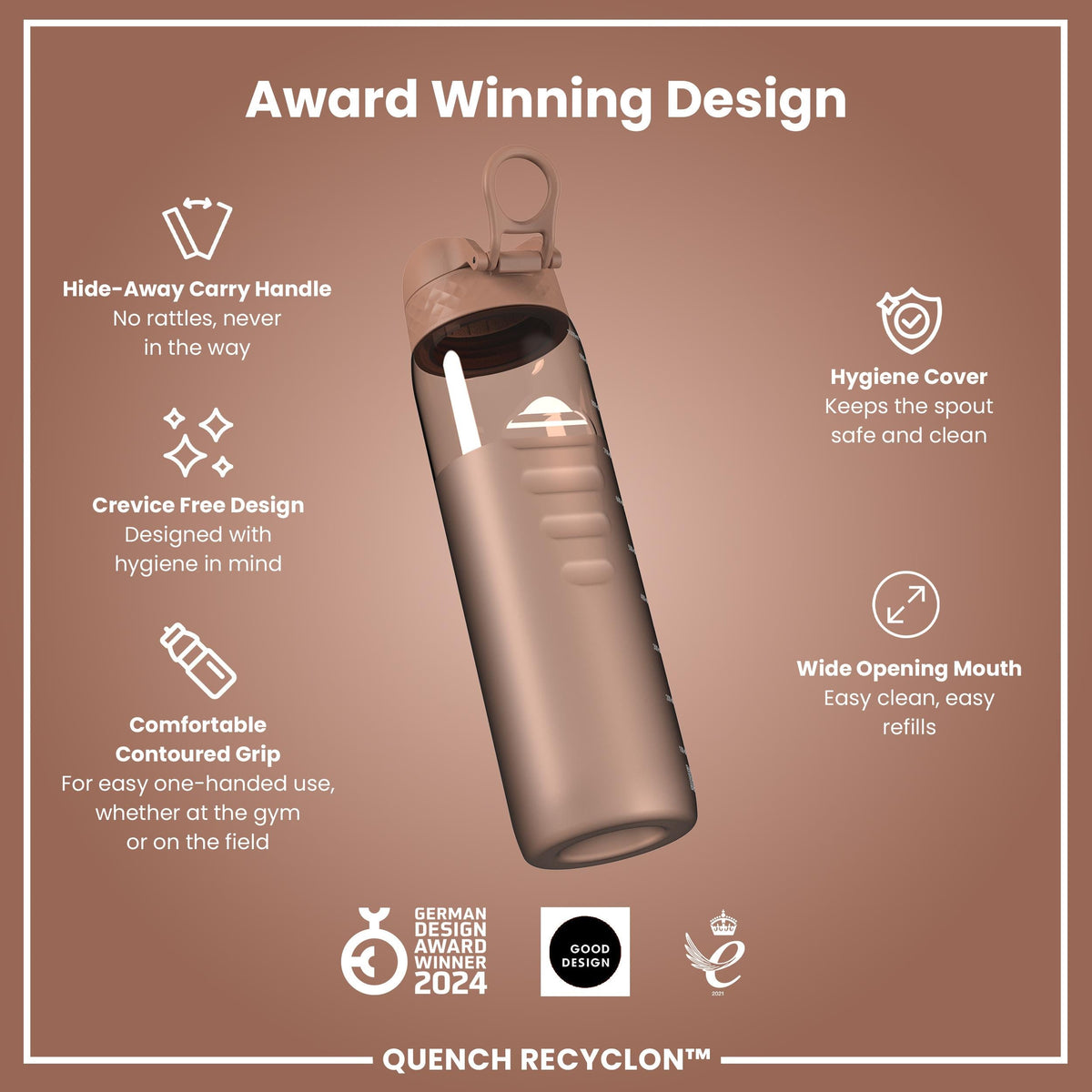 Leak Proof Water Bottle, Recyclon, Half-Cut, Mocha, 34oz