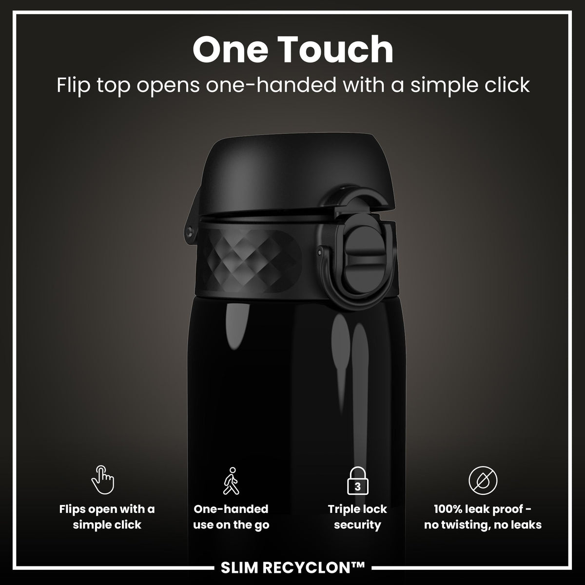 Leak Proof Slim Water Bottle, Recyclon, Half-Cut, Black, 18oz