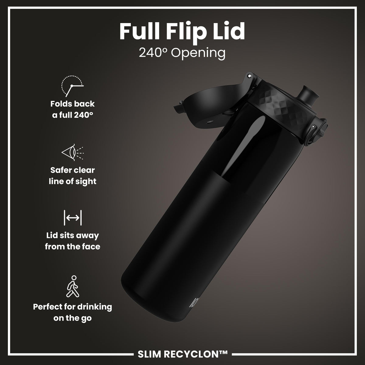 Leak Proof Slim Water Bottle, Recyclon, Half-Cut, Black, 18oz