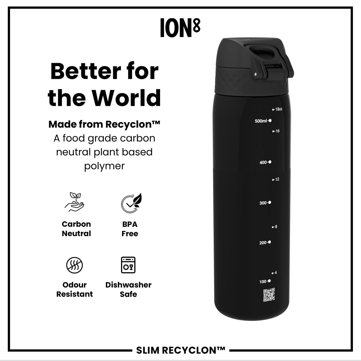 Leak Proof Slim Water Bottle, Recyclon, Half-Cut, Black, 18oz