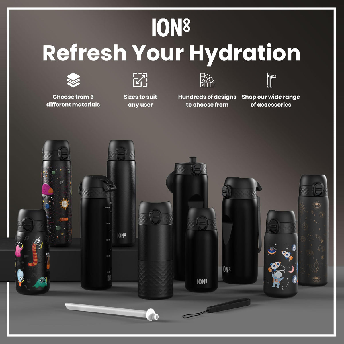 Leak Proof Slim Water Bottle, Recyclon, Half-Cut, Black, 18oz