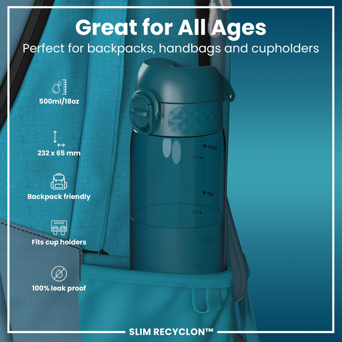 Leak Proof Slim Water Bottle, Recyclon, Half-Cut, Teal, 18oz