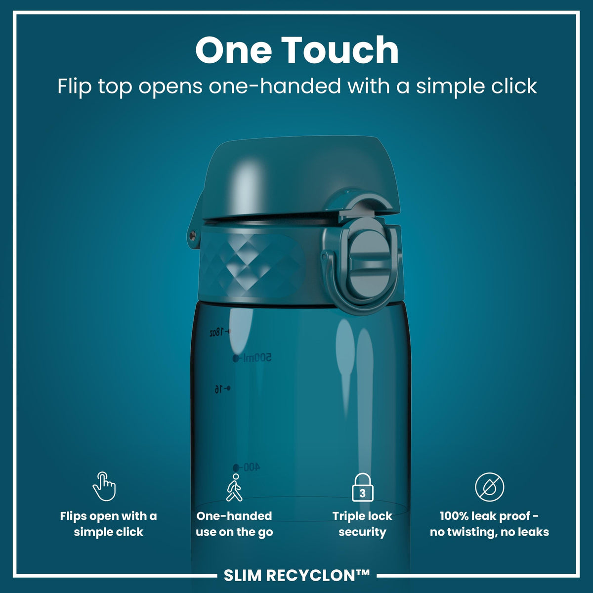 Leak Proof Slim Water Bottle, Recyclon, Half-Cut, Teal, 18oz