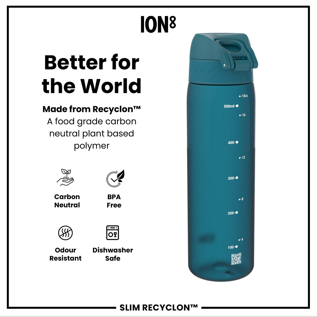 Leak Proof Slim Water Bottle, Recyclon, Half-Cut, Teal, 18oz