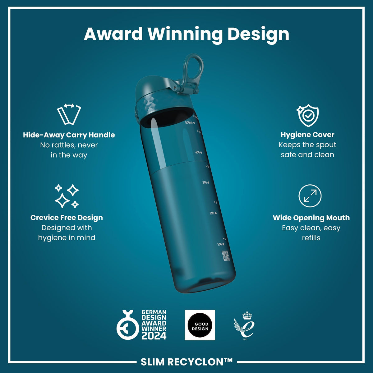 Leak Proof Slim Water Bottle, Recyclon, Half-Cut, Teal, 18oz