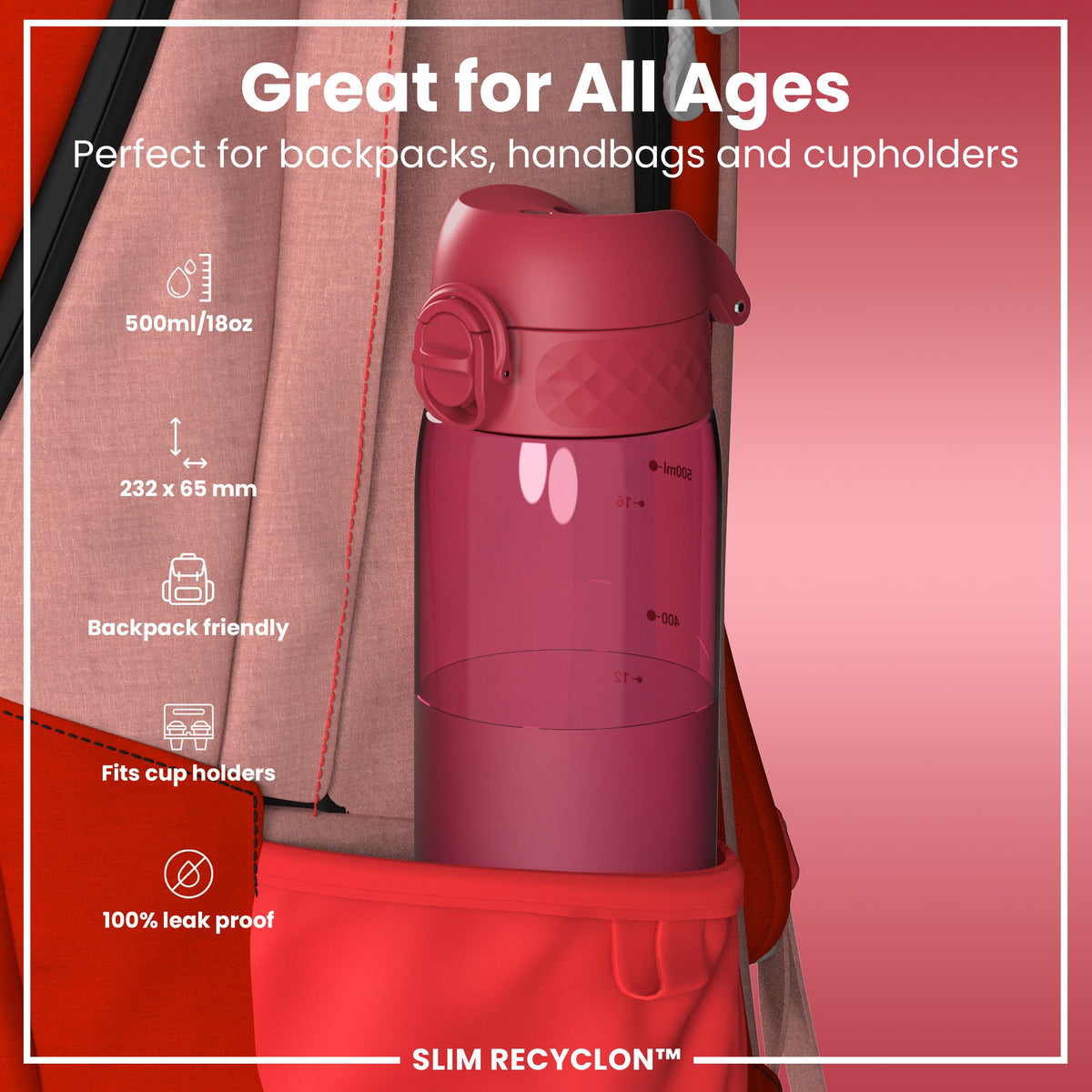 Leak Proof Slim Water Bottle, Recyclon, Half-Cut, Magenta, 18oz