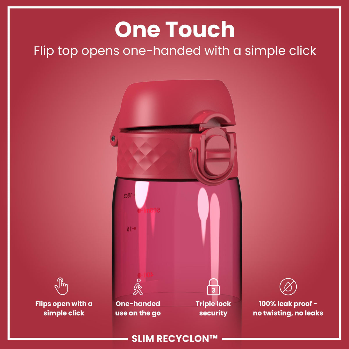 Leak Proof Slim Water Bottle, Recyclon, Half-Cut, Magenta, 18oz