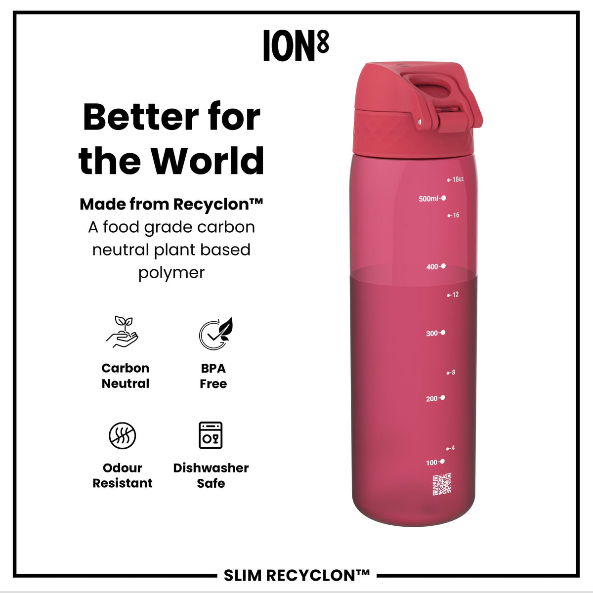 Leak Proof Slim Water Bottle, Recyclon, Half-Cut, Magenta, 18oz