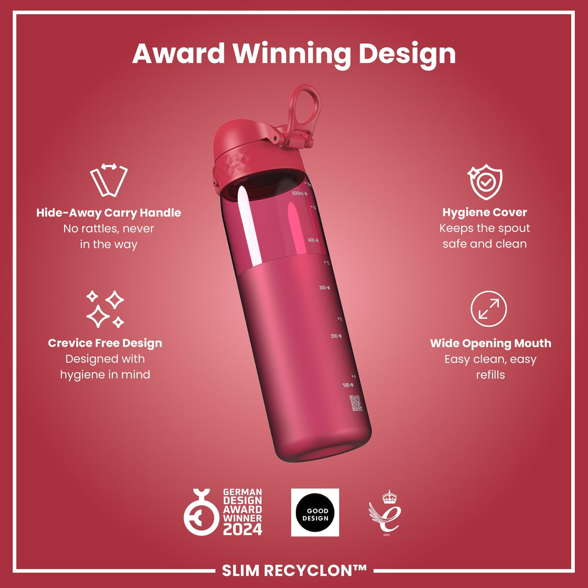 Leak Proof Slim Water Bottle, Recyclon, Half-Cut, Magenta, 18oz