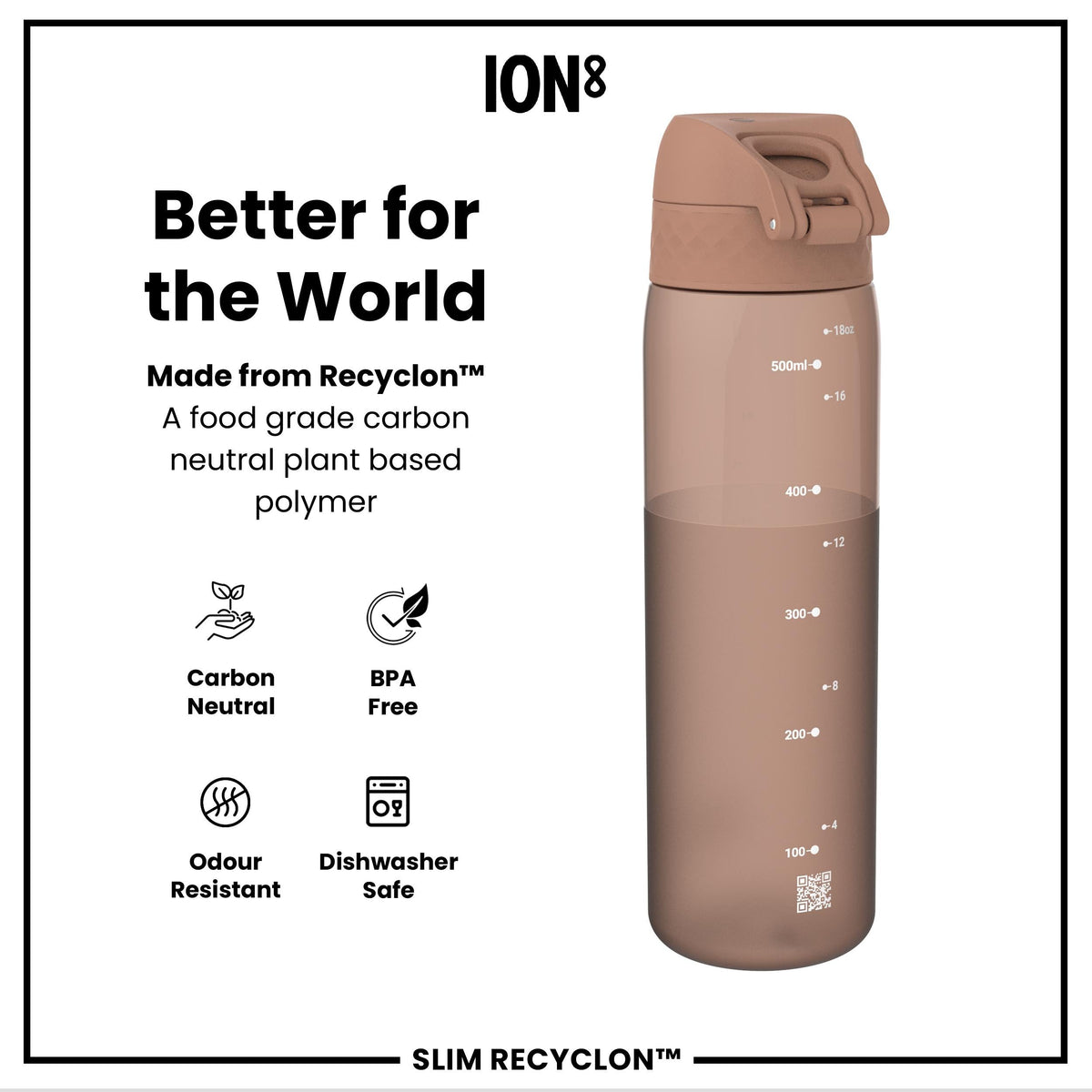 Leak Proof Slim Water Bottle, Recyclon, Half-Cut, Mocha, 18oz