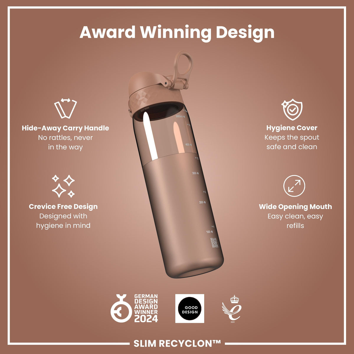 Leak Proof Slim Water Bottle, Recyclon, Half-Cut, Mocha, 18oz