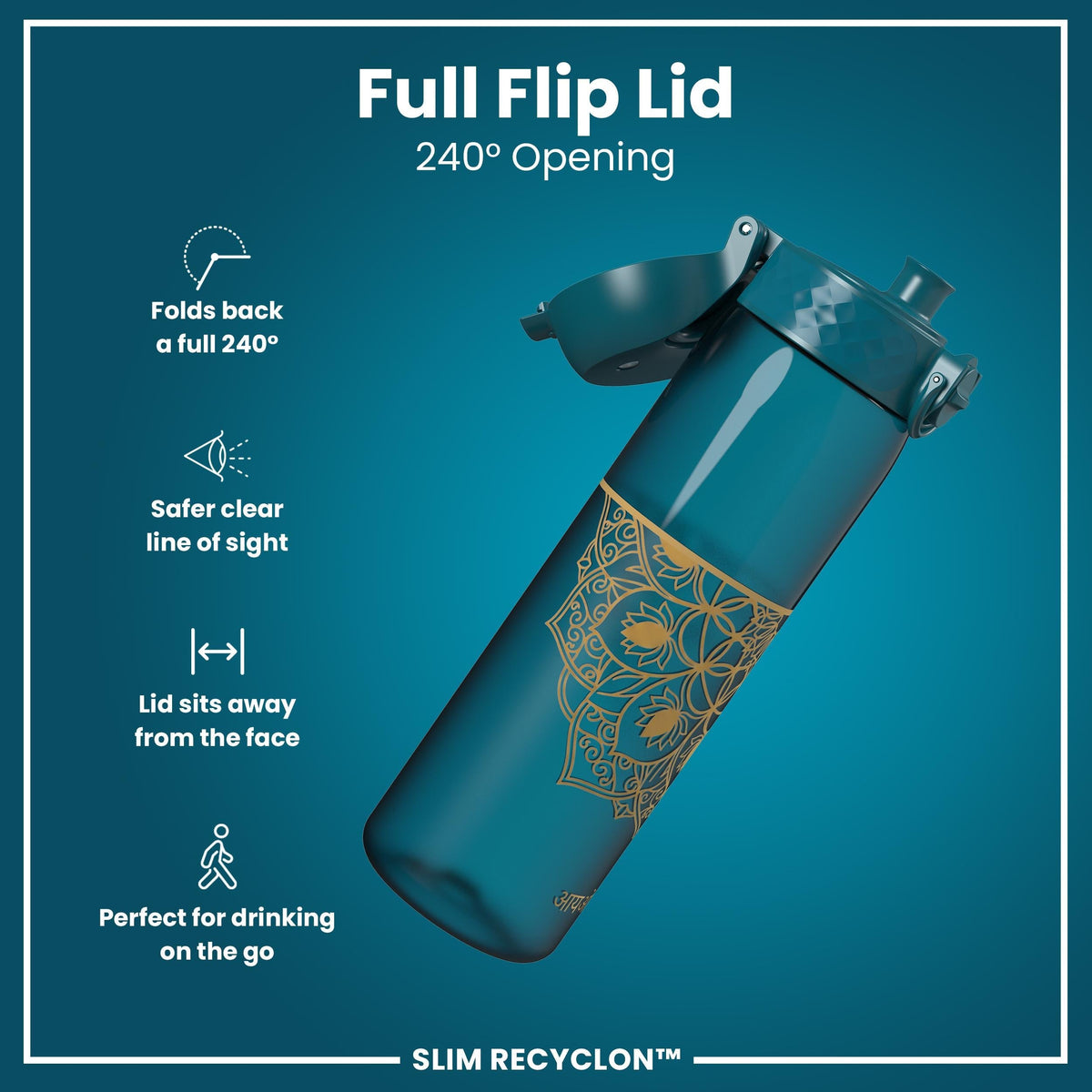 Leak Proof Slim Water Bottle, Recyclon, Half-Cut, Mandalas, 18oz