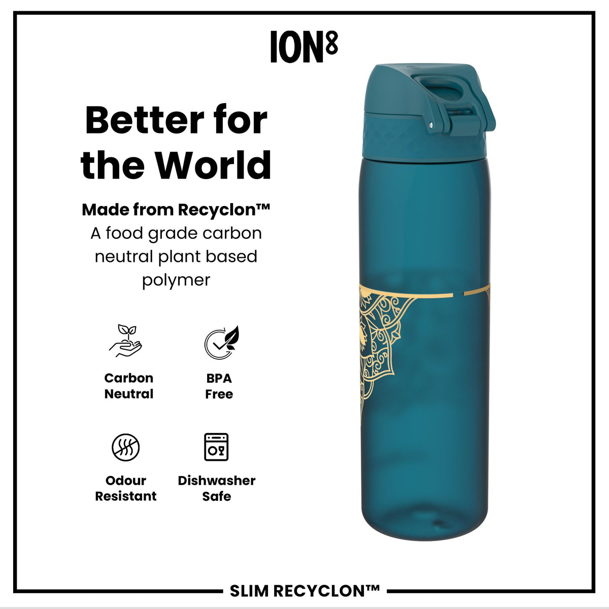 Leak Proof Slim Water Bottle, Recyclon, Half-Cut, Mandalas, 18oz