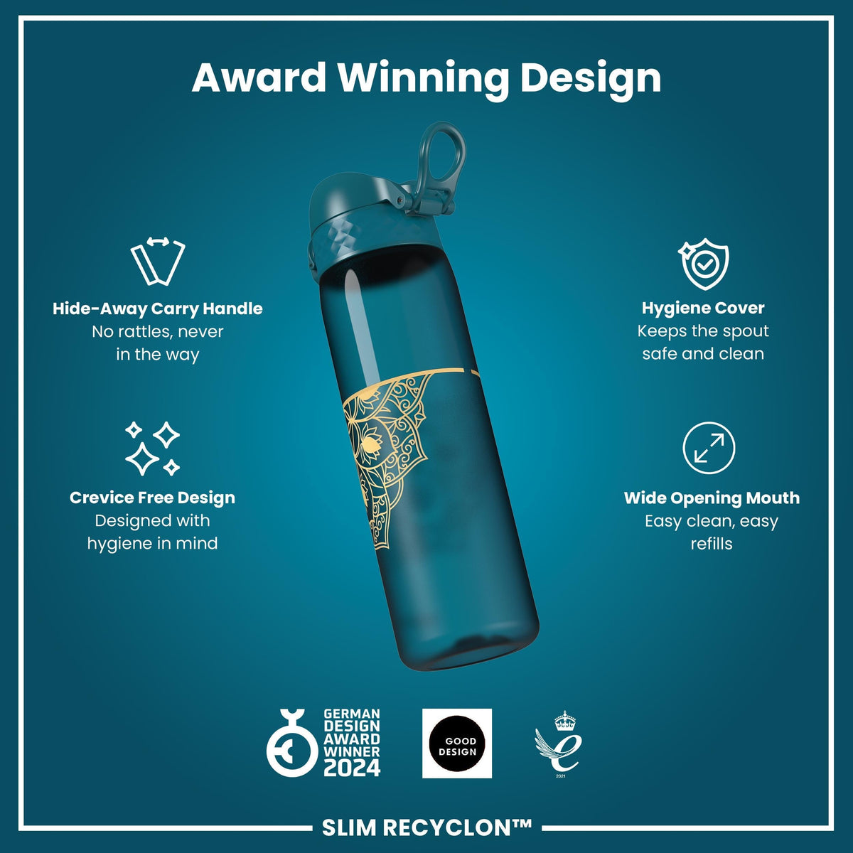 Leak Proof Slim Water Bottle, Recyclon, Half-Cut, Mandalas, 18oz