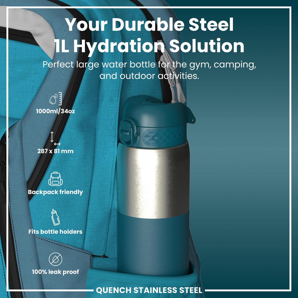 Leak Proof Water Bottle, Stainless Steel, Half-Cut, Teal, 40oz