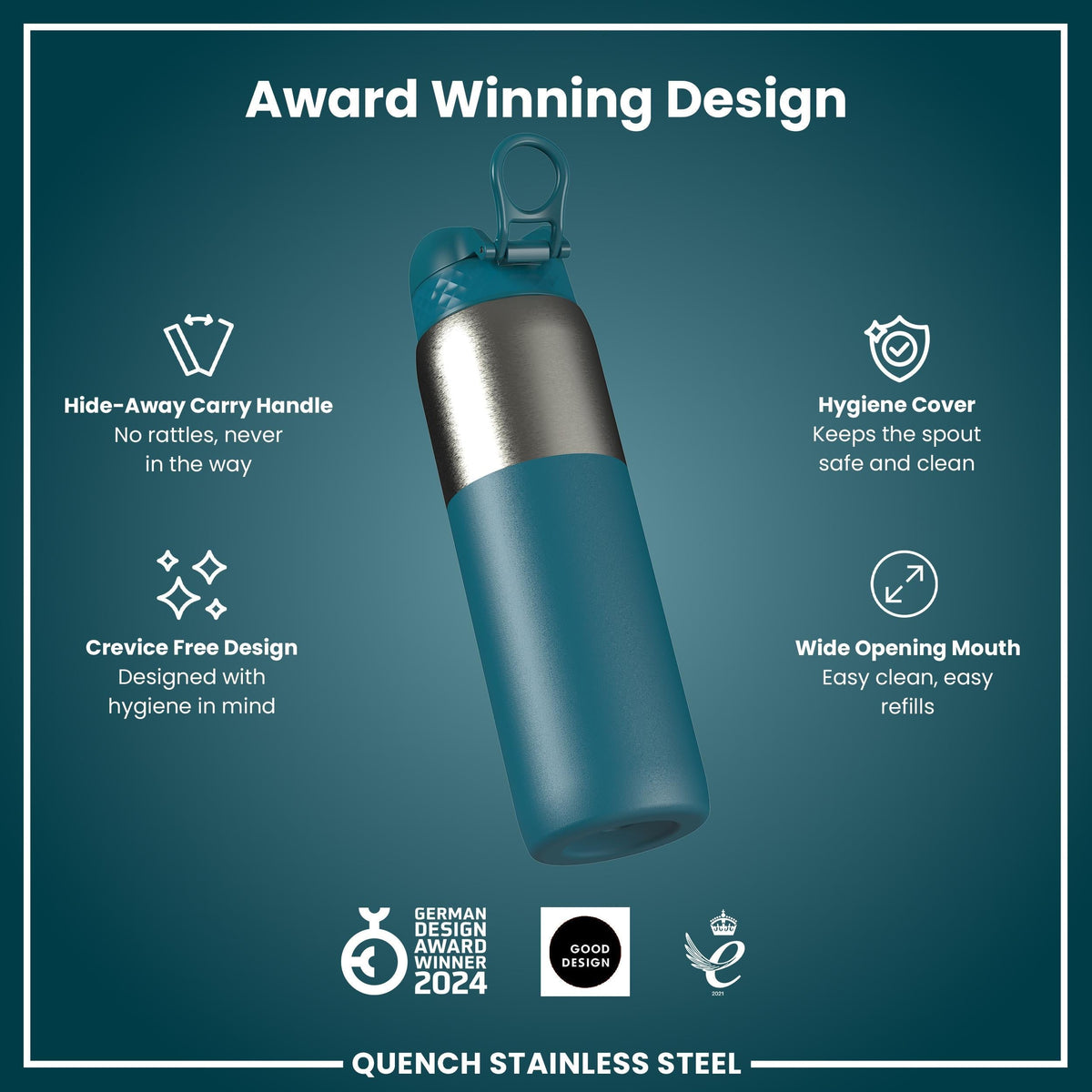 Leak Proof Water Bottle, Stainless Steel, Half-Cut, Teal, 40oz