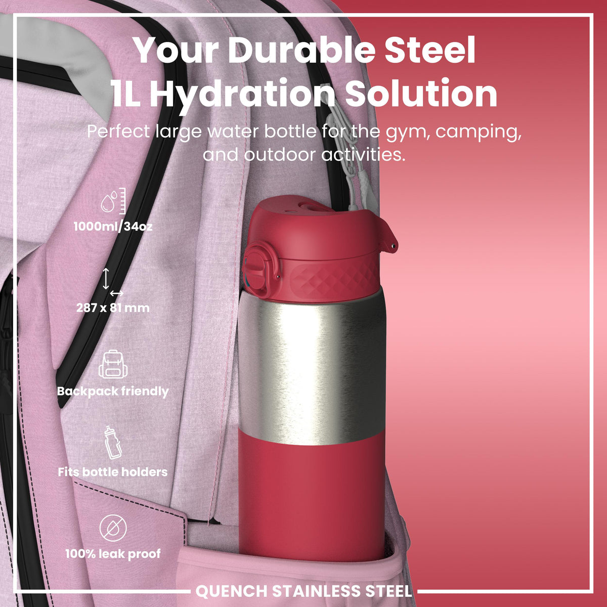 Leak Proof Water Bottle, Stainless Steel, Half-Cut, Magenta, 40oz