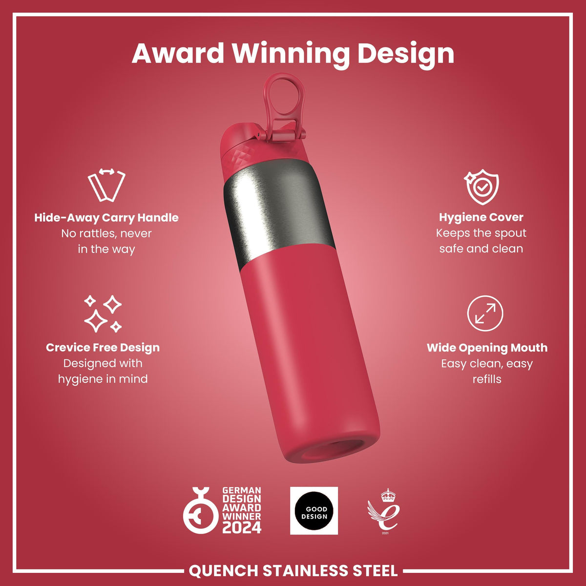 Leak Proof Thermal Water Bottle, Insulated, Half-Cut, Magenta, 31oz