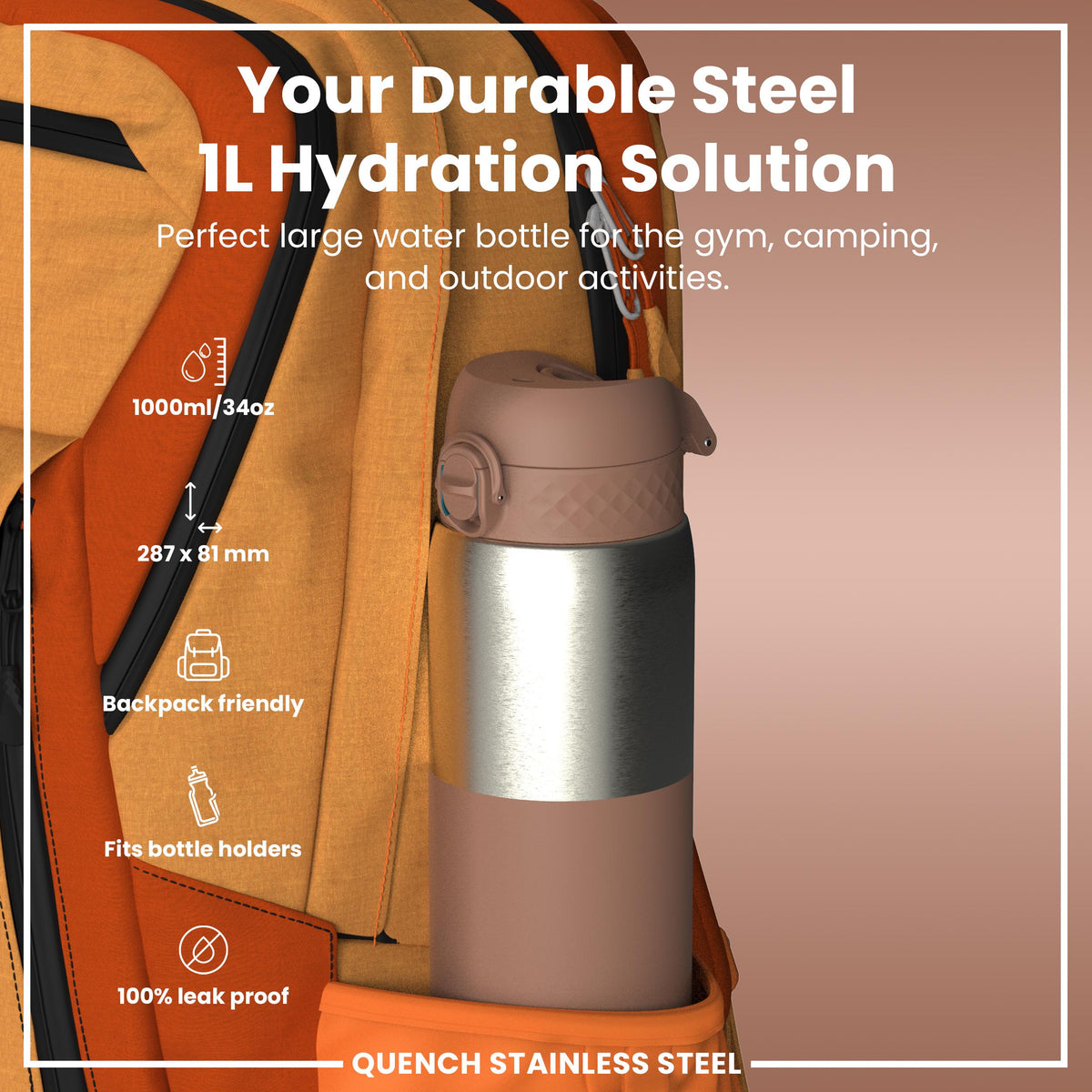 Leak Proof Water Bottle, Stainless Steel, Mocha, 40oz