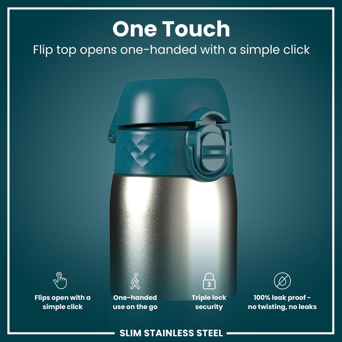 Leak Proof Slim Water Bottle, Stainless Steel, Half-Cut, Teal, 20oz