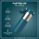 Leak Proof Slim Water Bottle, Stainless Steel, Half-Cut, Teal, 20oz