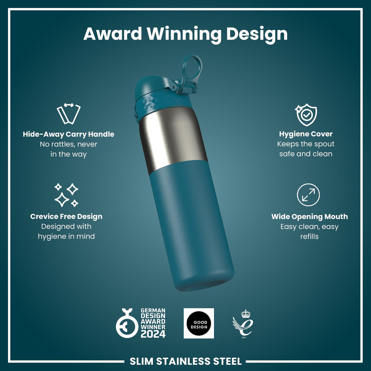Leak Proof Slim Water Bottle, Stainless Steel, Half-Cut, Teal, 20oz