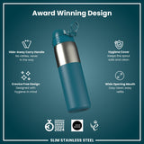 Leak Proof Slim Water Bottle, Stainless Steel, Half-Cut, Teal, 20oz