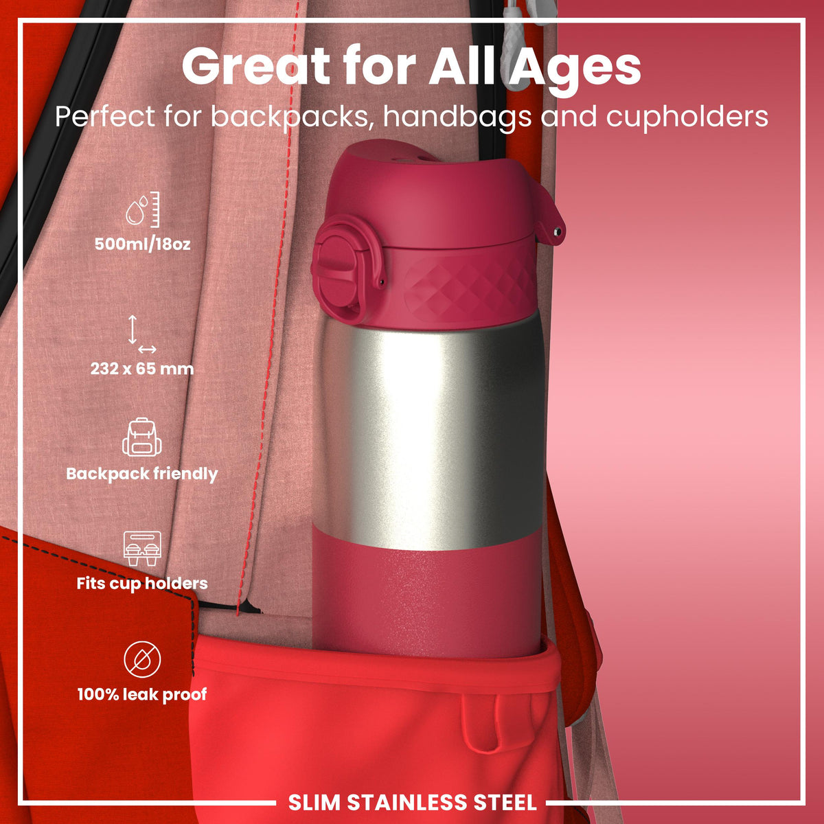 Leak Proof Slim Water Bottle, Stainless Steel, Half-Cut, Magenta, 20oz