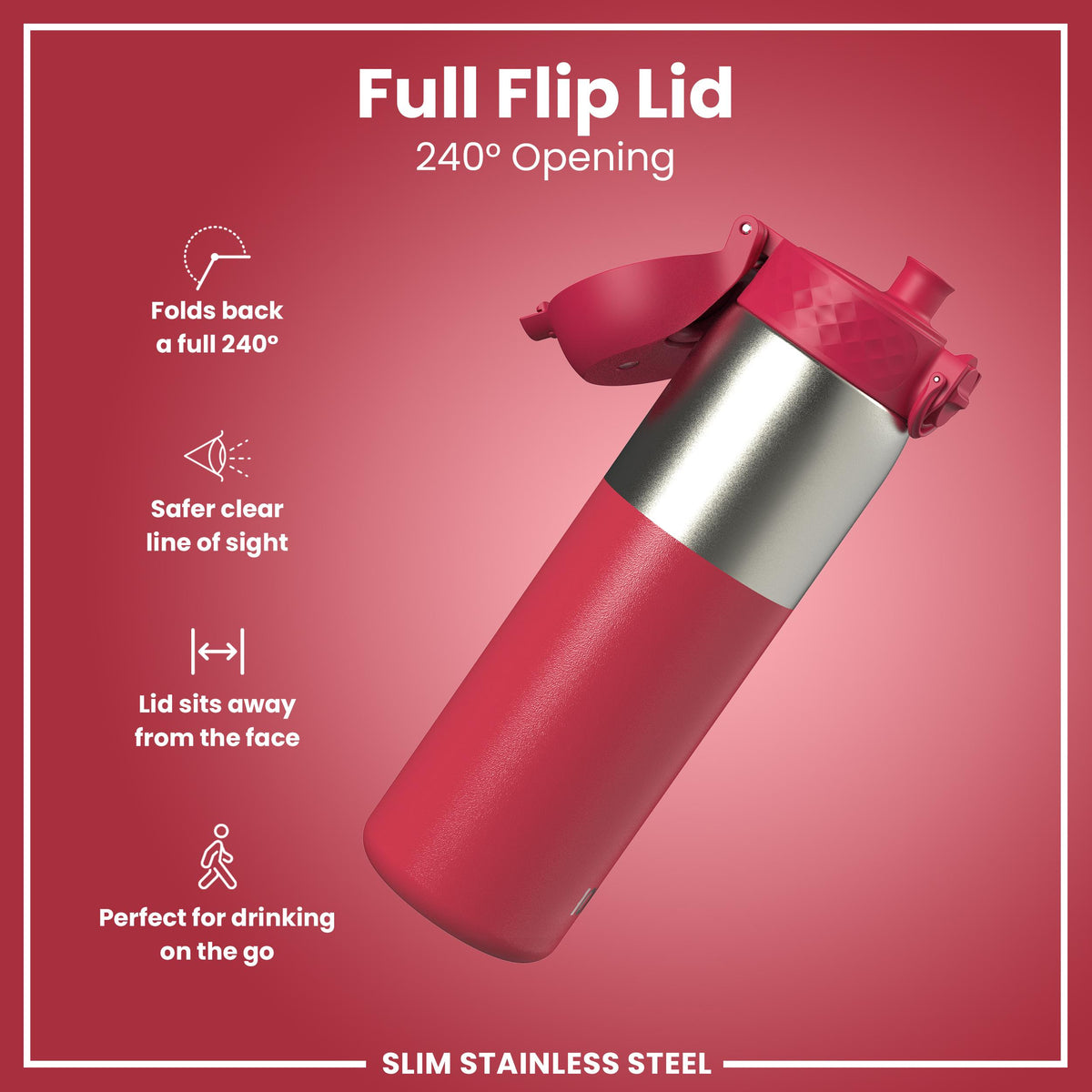 Leak Proof Slim Water Bottle, Stainless Steel, Half-Cut, Magenta, 20oz