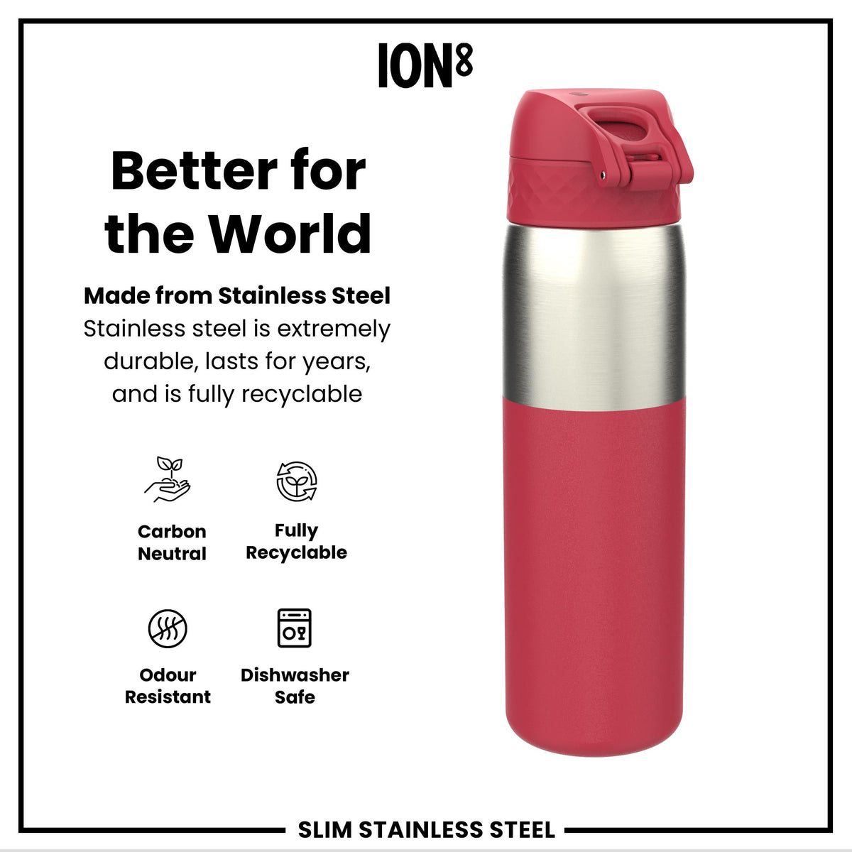 Leak Proof Slim Water Bottle, Stainless Steel, Half-Cut, Magenta, 20oz