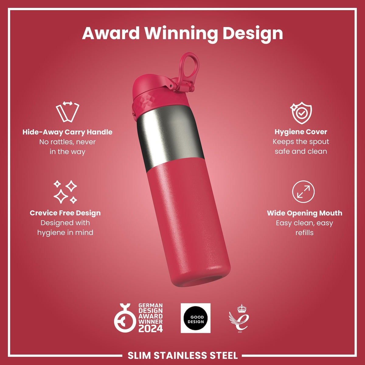 Leak Proof Slim Water Bottle, Stainless Steel, Half-Cut, Magenta, 20oz