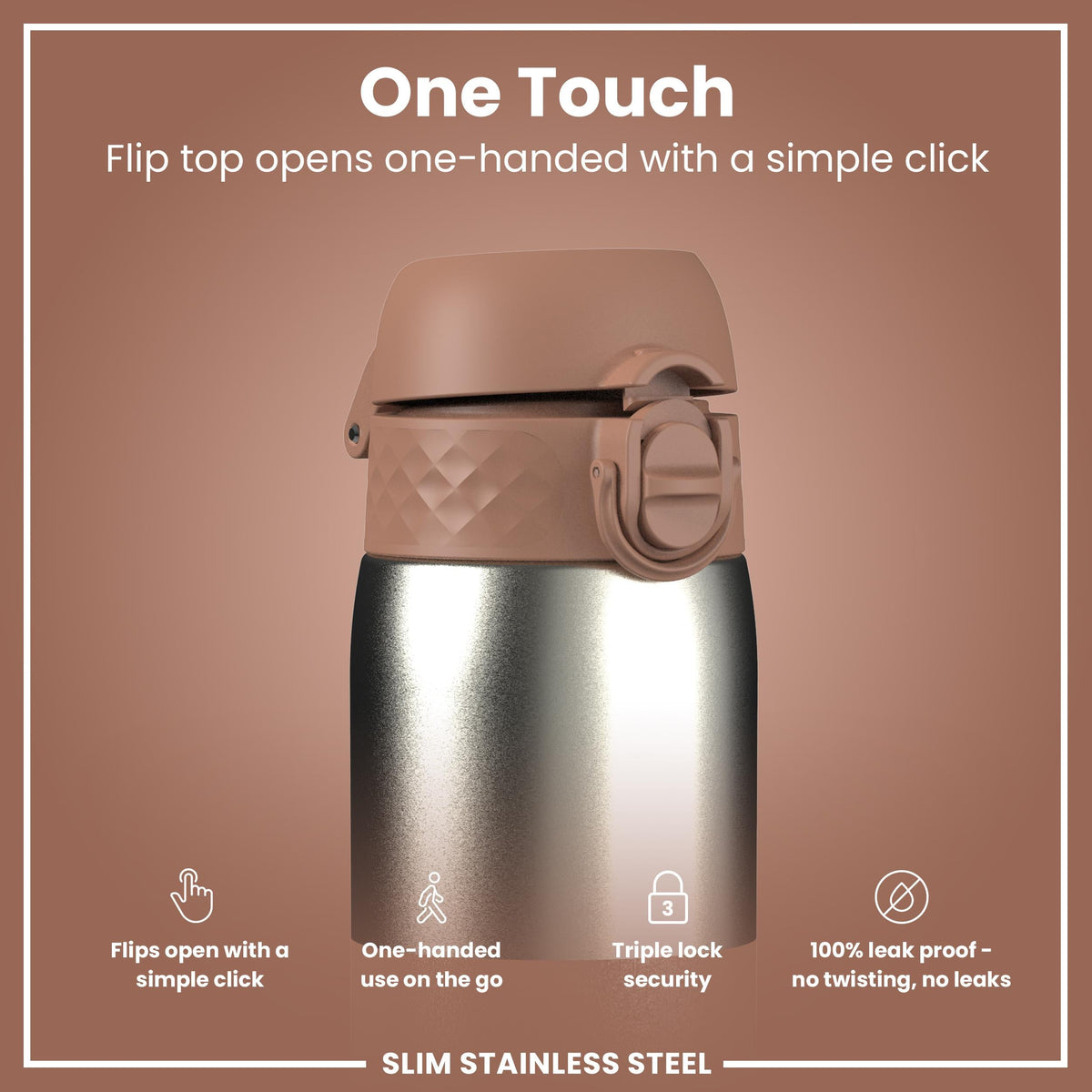 Leak Proof Slim Water Bottle, Stainless Steel, Mocha, 20oz