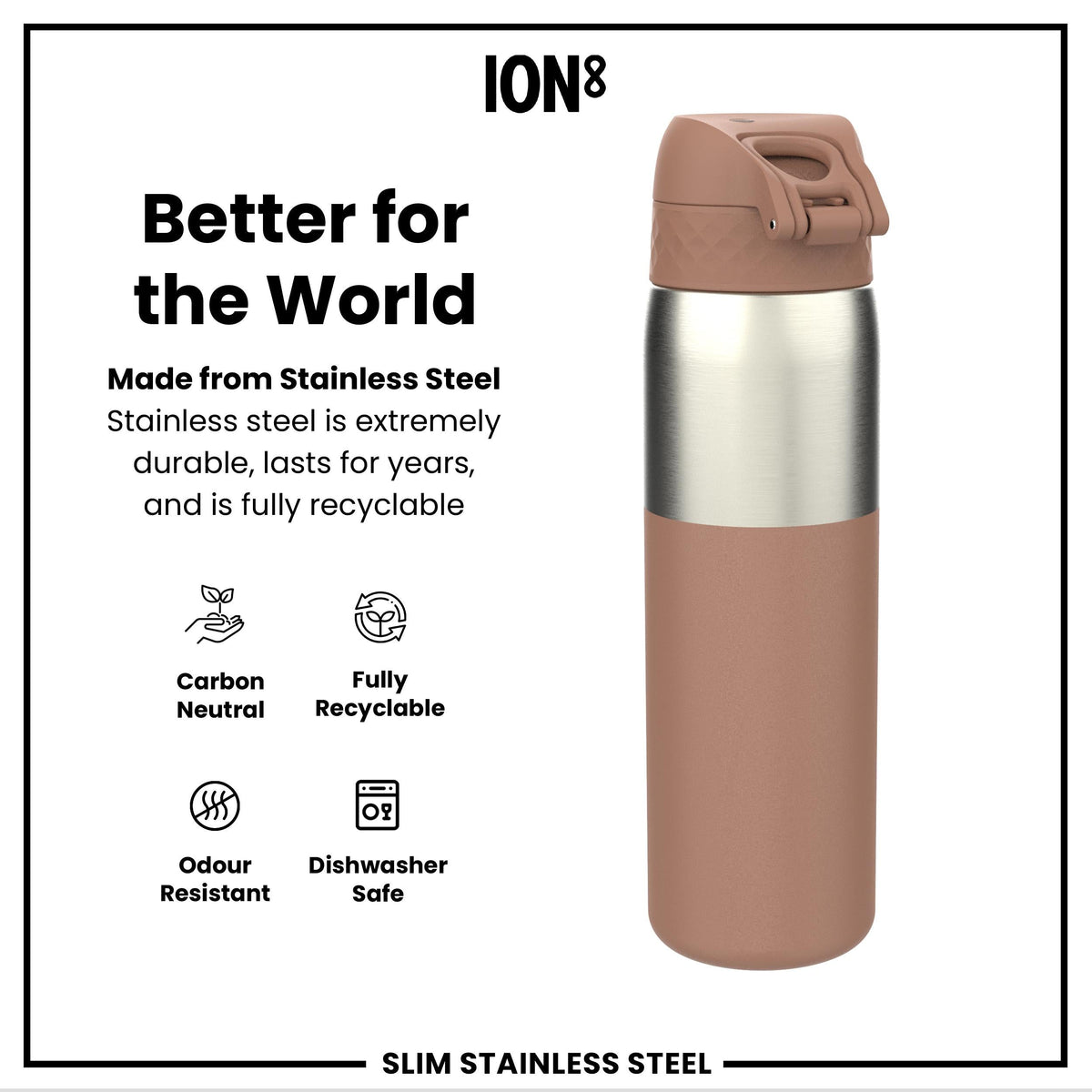 Leak Proof Slim Water Bottle, Stainless Steel, Mocha, 20oz