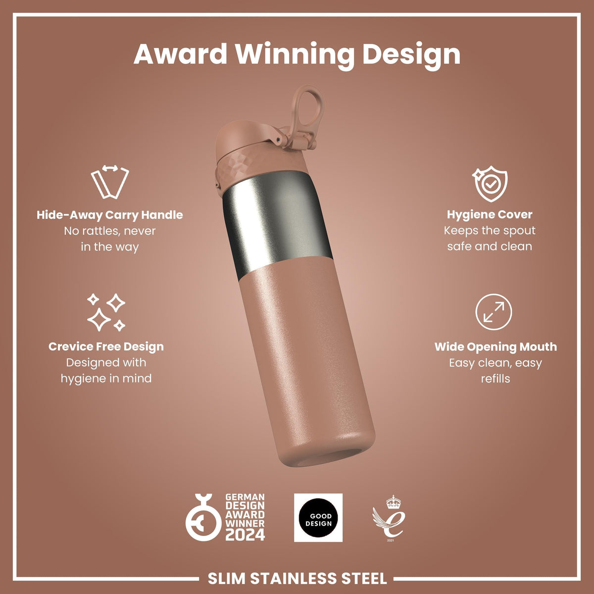Leak Proof Slim Water Bottle, Stainless Steel, Mocha, 20oz