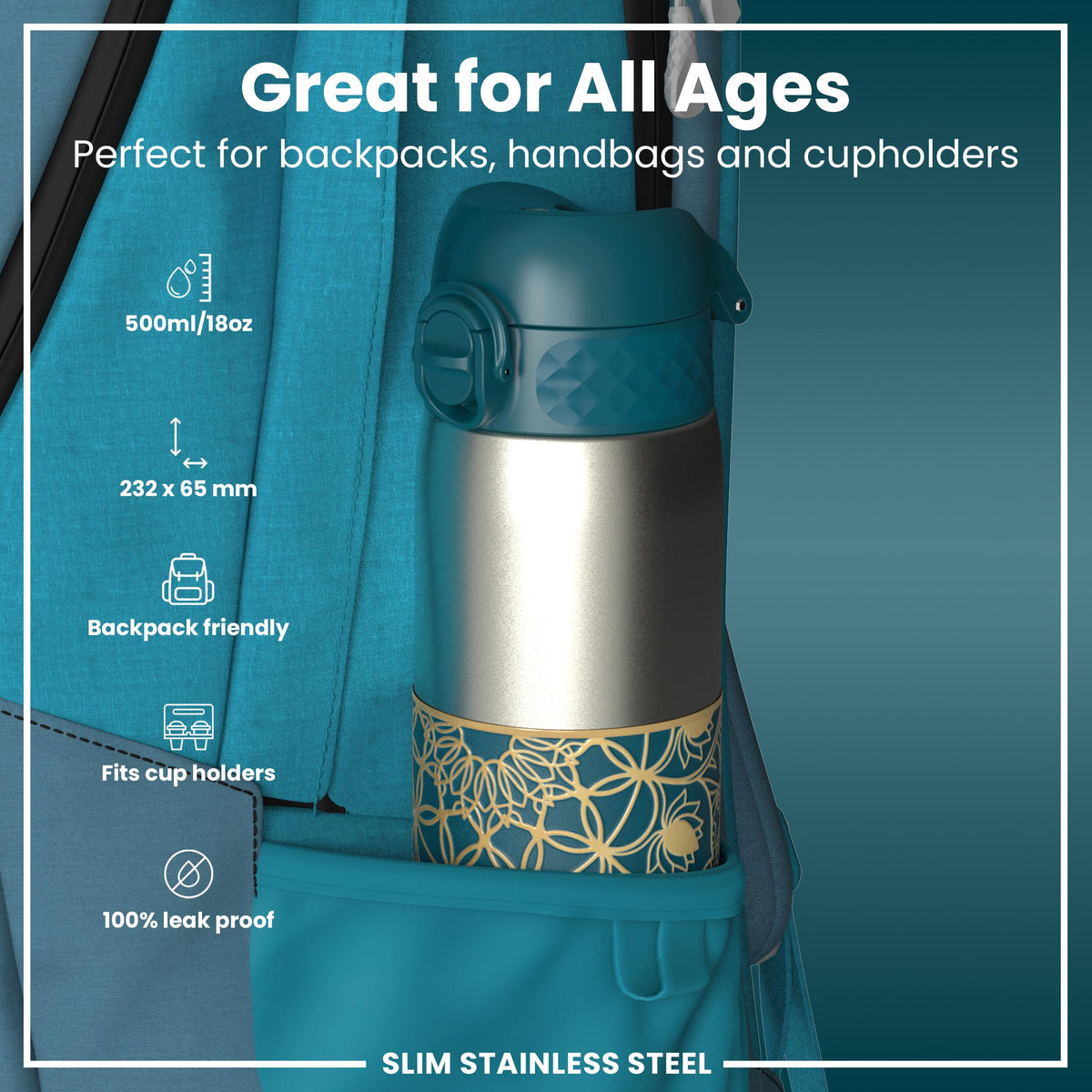 Leak Proof Slim Water Bottle, Stainless Steel, Half-Cut, Mandalas, 20oz