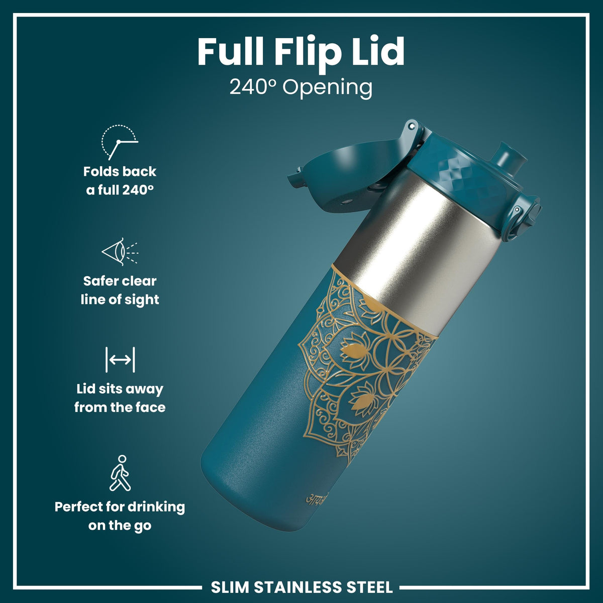 Leak Proof Slim Water Bottle, Stainless Steel, Half-Cut, Mandalas, 20oz