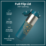 Leak Proof Slim Water Bottle, Stainless Steel, Half-Cut, Mandalas, 20oz