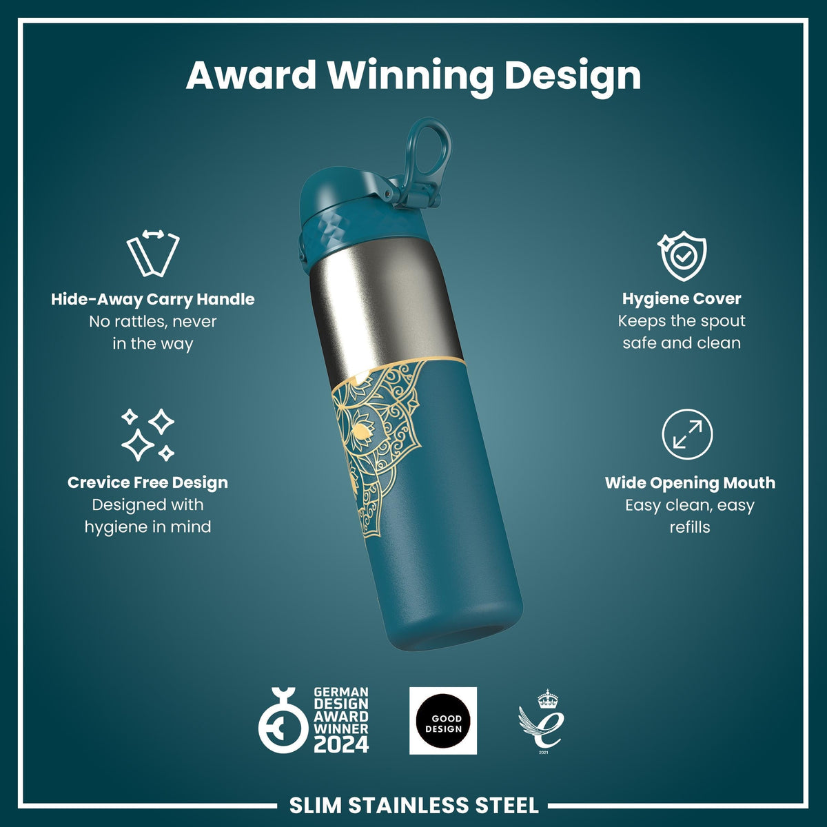 Leak Proof Slim Water Bottle, Stainless Steel, Half-Cut, Mandalas, 20oz