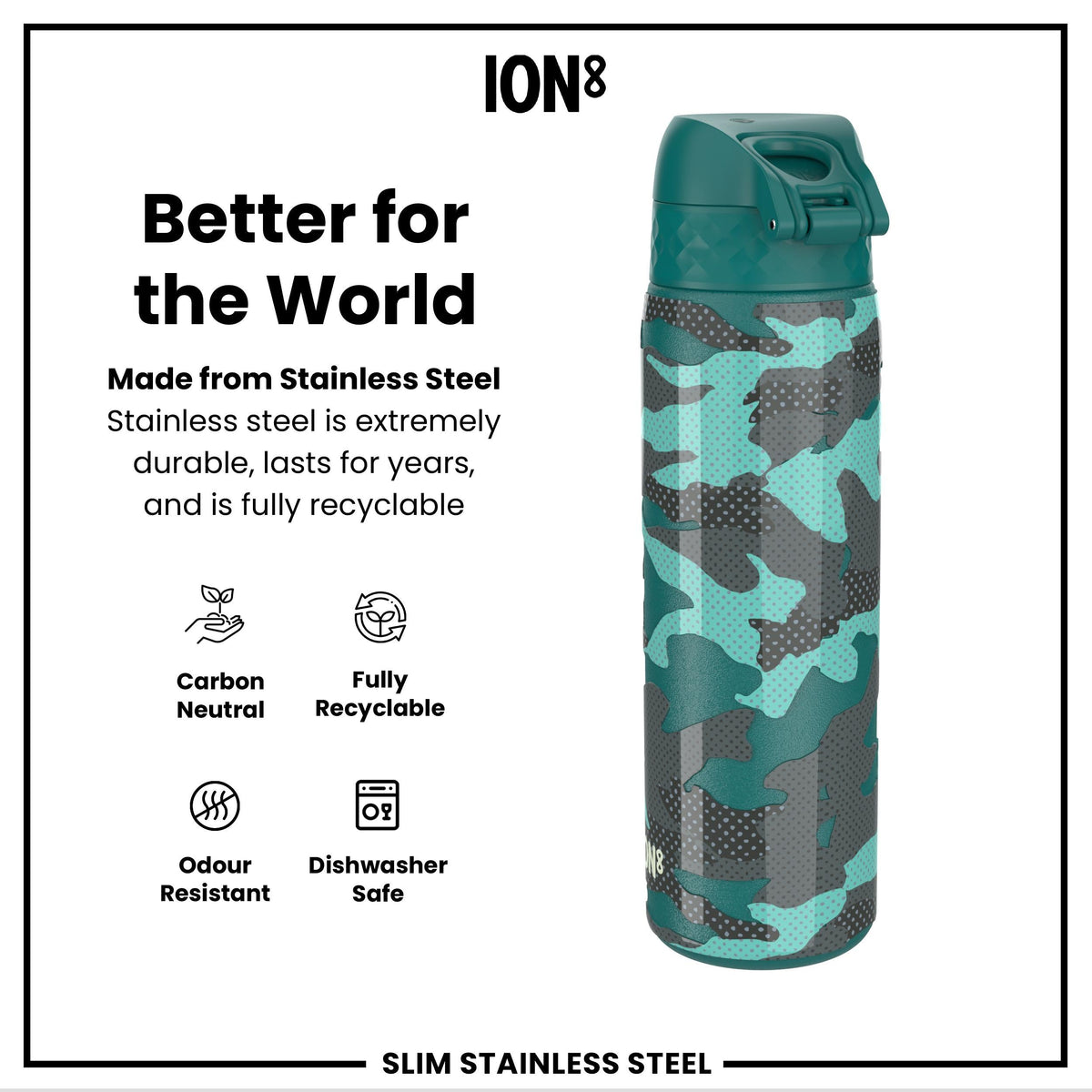 Leak Proof Slim Water Bottle, Stainless Steel, Camouflage, 20oz