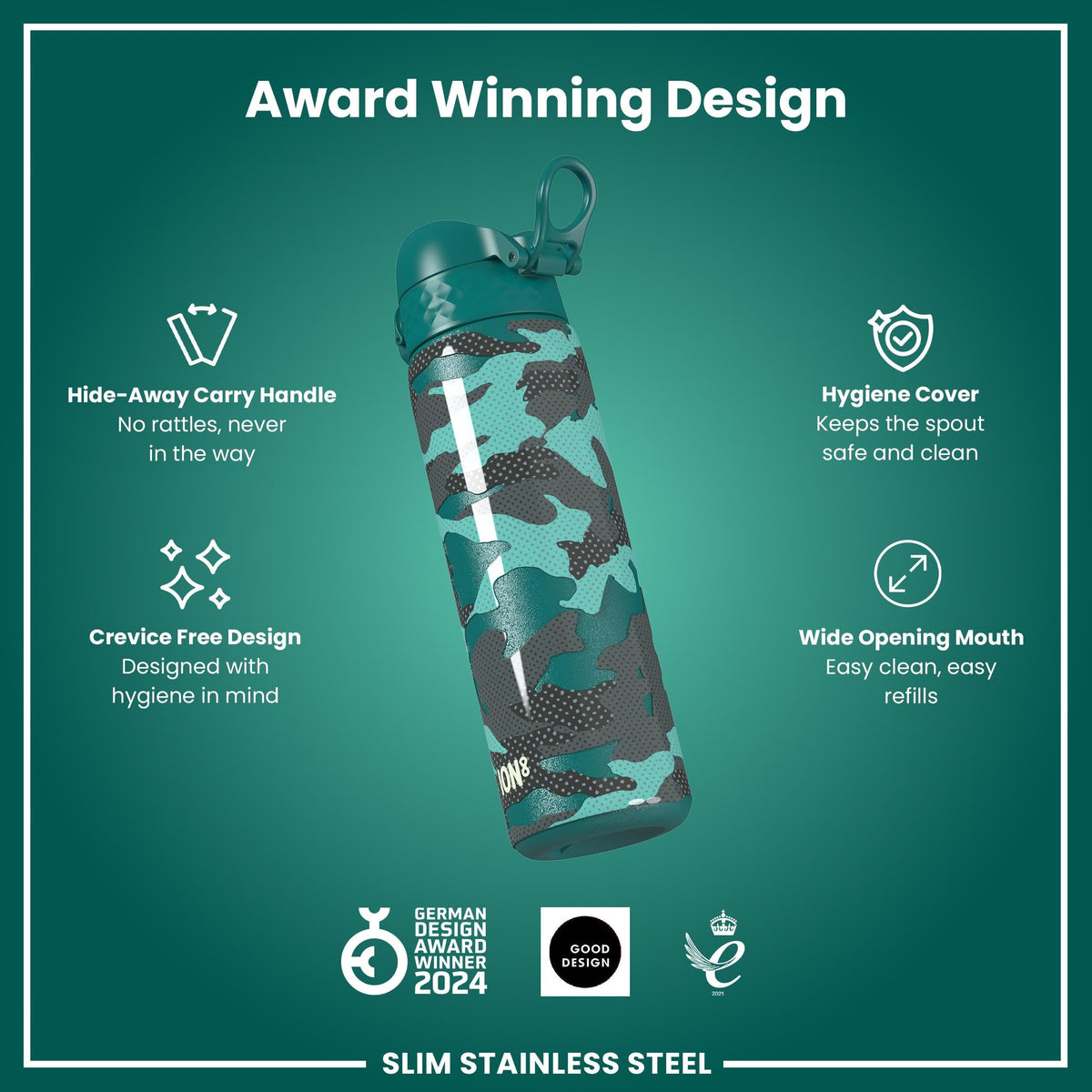 Leak Proof Slim Water Bottle, Stainless Steel, Camouflage, 20oz