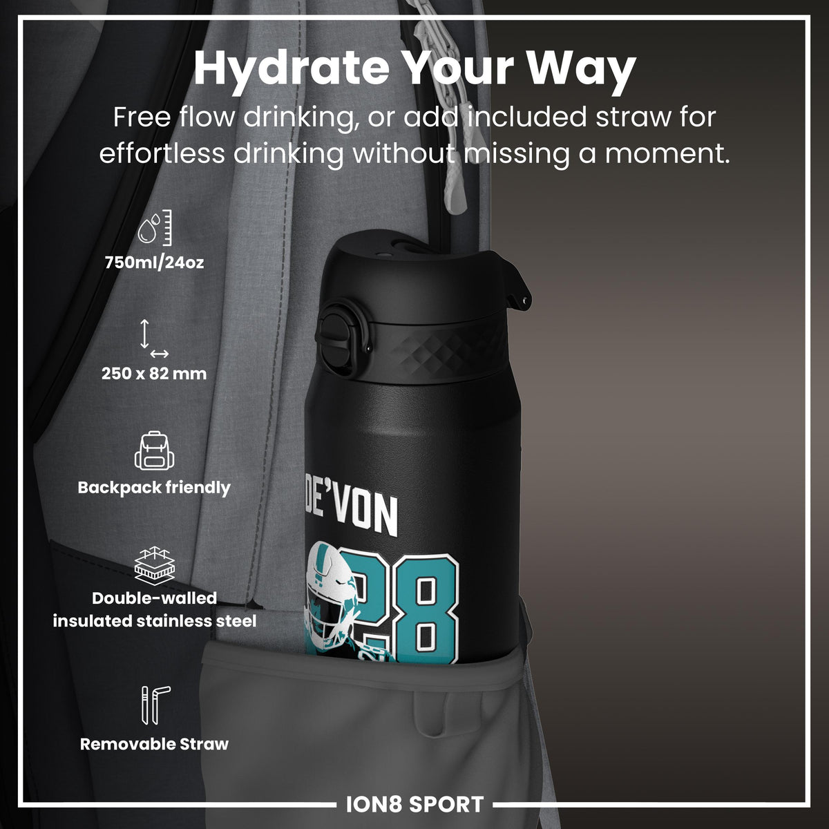 NFL x Ion8 Sports, Insulated Bottle, Locked In Series, De'von Achane, 24oz