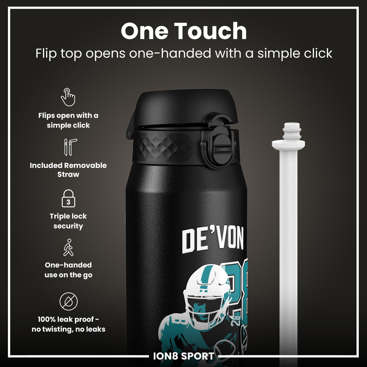 NFL x Ion8 Sports, Insulated Bottle, Locked In Series, De'von Achane, 24oz