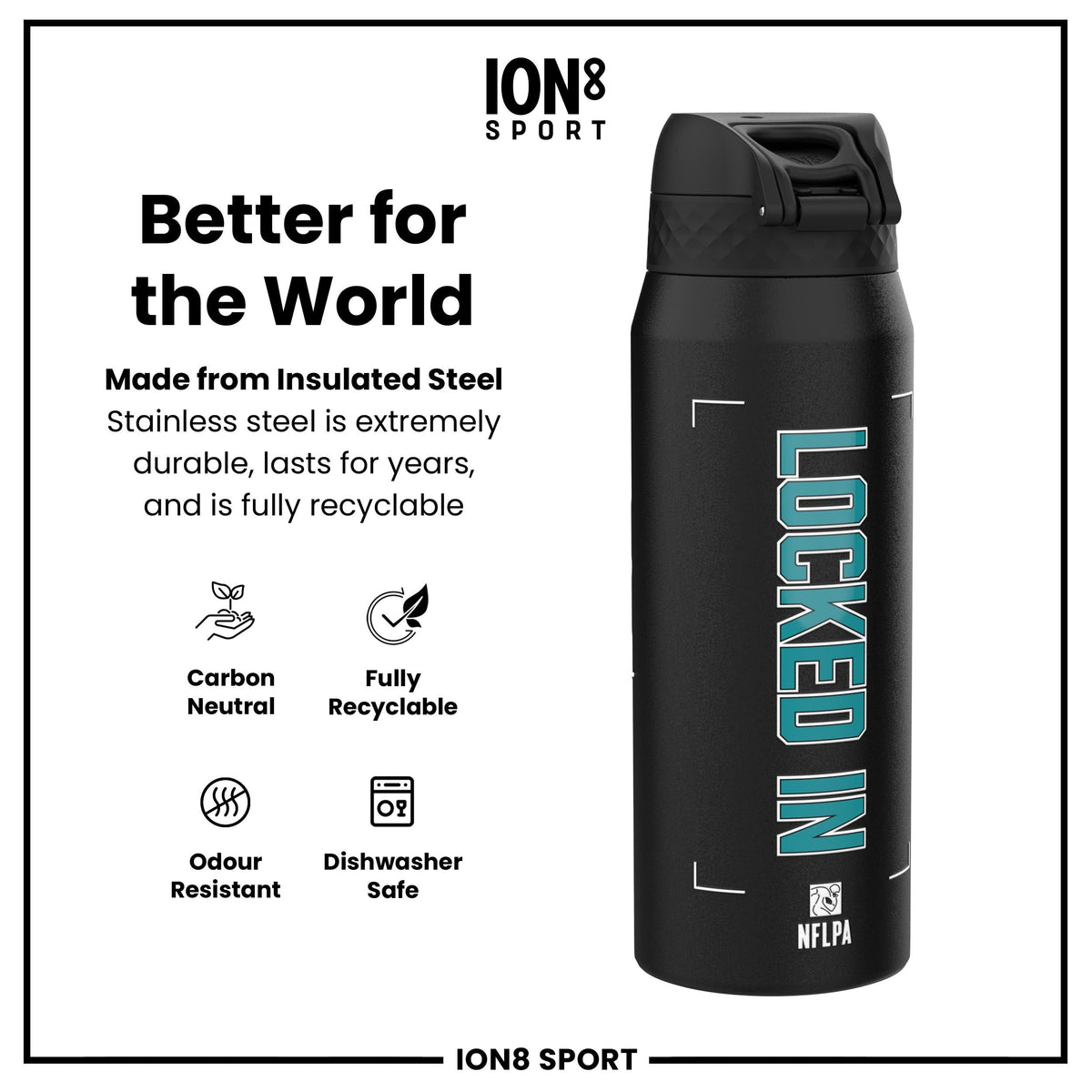 NFL x Ion8 Sports, Insulated Bottle, Locked In Series, De'von Achane, 24oz