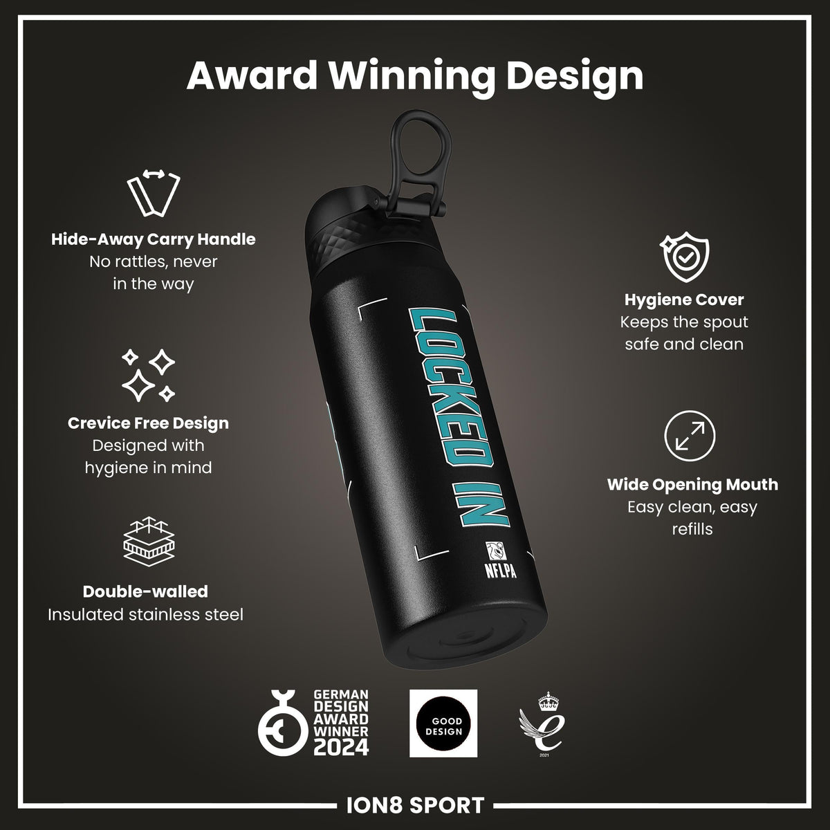 NFL x Ion8 Sports, Insulated Bottle, Locked In Series, De'von Achane, 24oz