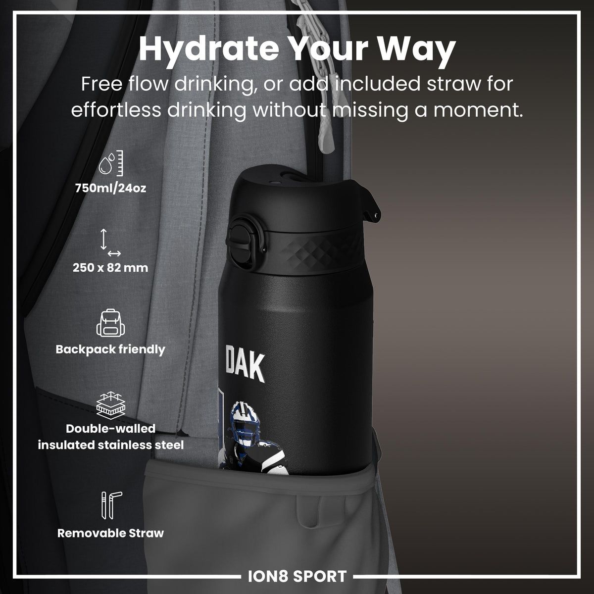 NFL x Ion8 Sports, Insulated Bottle, Locked In Series, Dak Prescott, 24oz